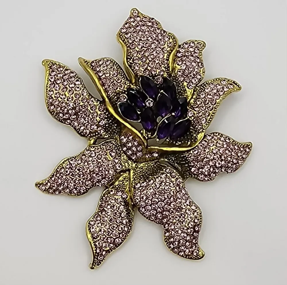 Orchid Flower Rhinestone Brooch Gorgeous Purple Color Stones Faux Jewel